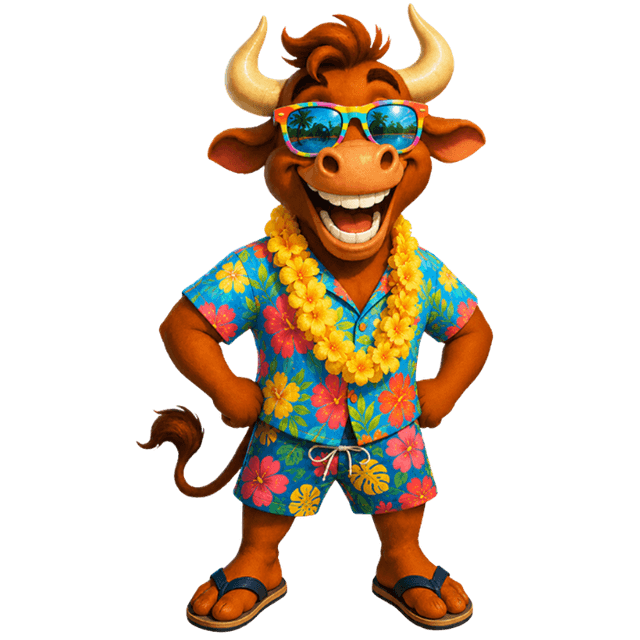 Rodeo Dental luau bull mascot in sunglasses, a Hawaiian shirt, and a flower lei
