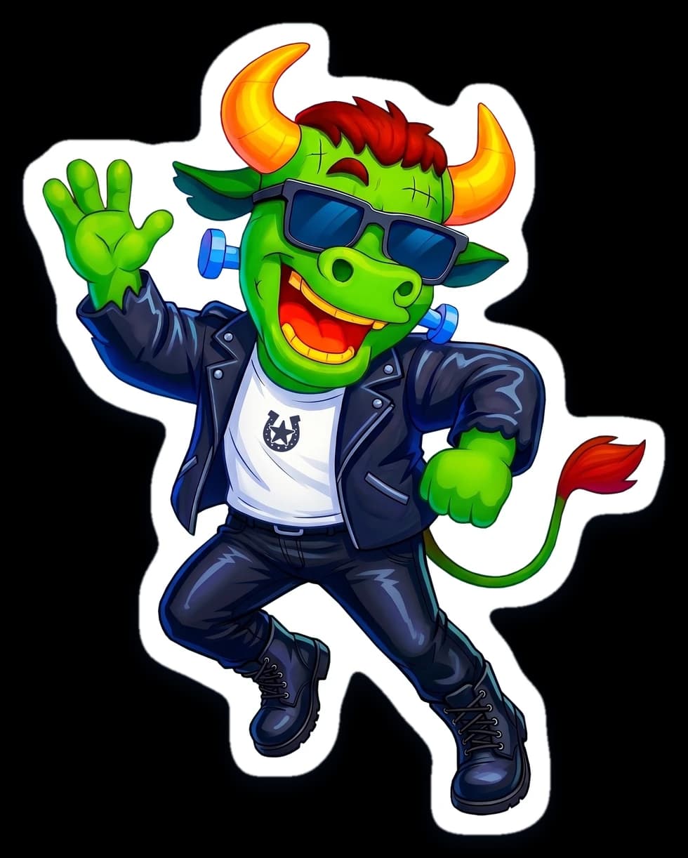 Die-cut Halloween sticker of Frankenstein MooMoo — the Rodeo Dental bull as a green Frankenstein's monster in sunglasses, a black leather jacket and neck bolts
