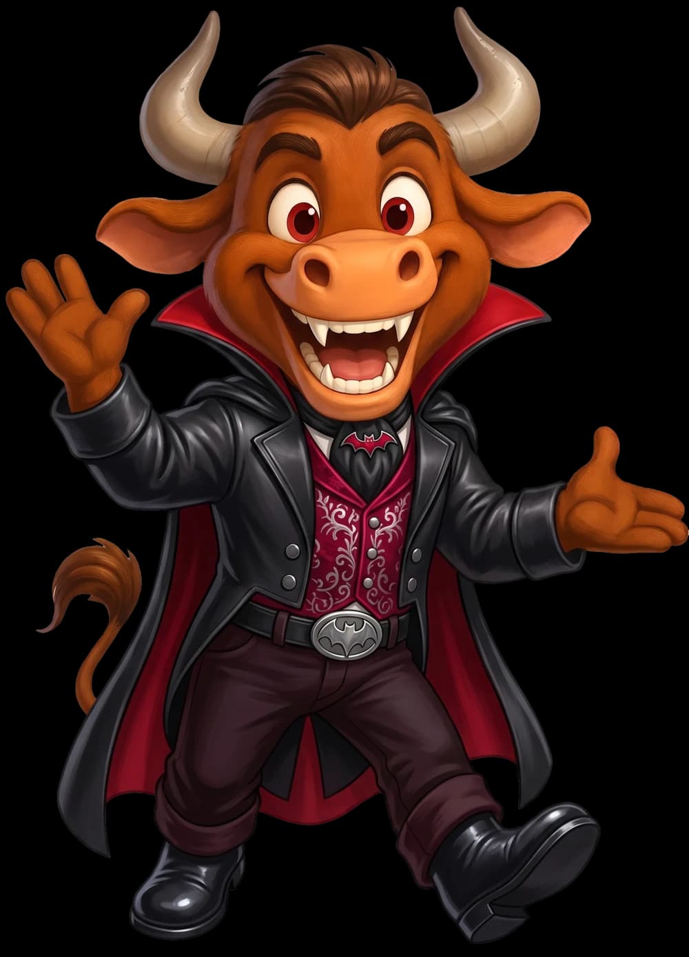 MooMoo the Rodeo Dental bull dressed as a vampire in a black cape and crimson vest