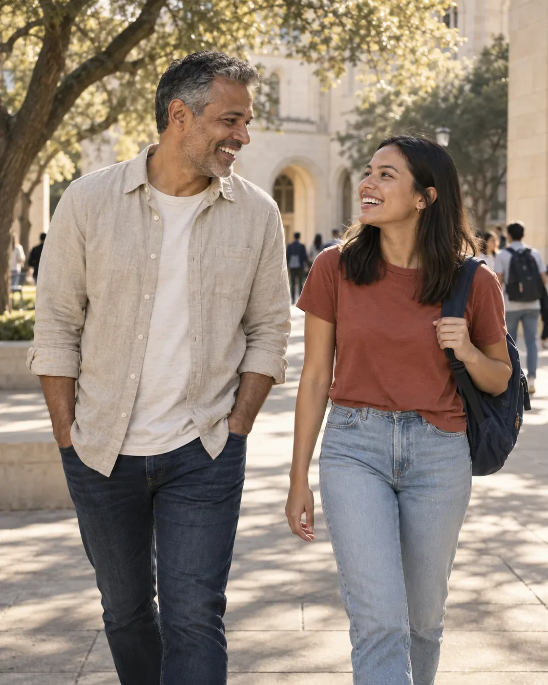 A father and his college-aged daughter smiling together on campus