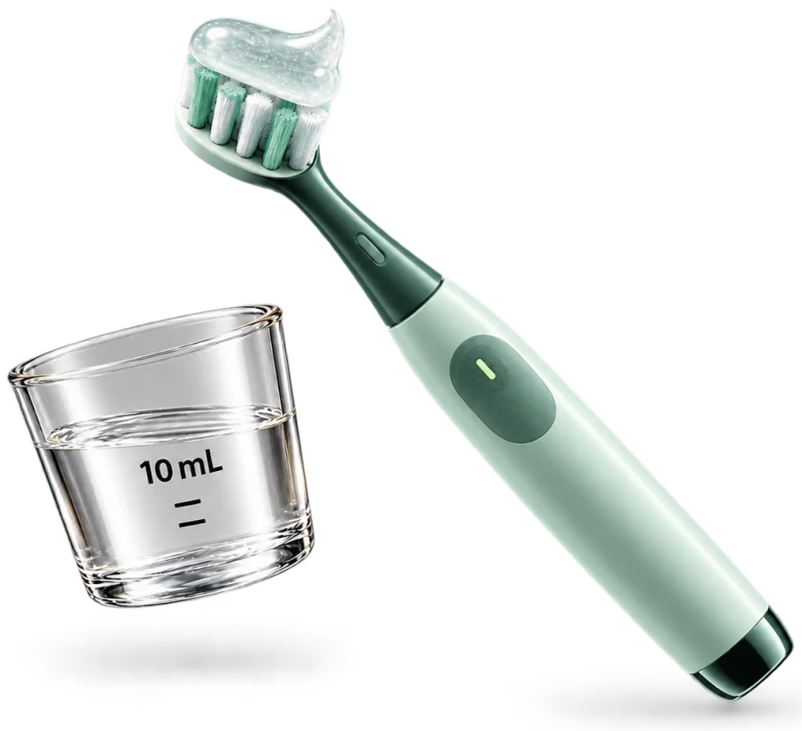 An electric toothbrush with gel on the bristles beside a dosing cup filled to the 10 mL line