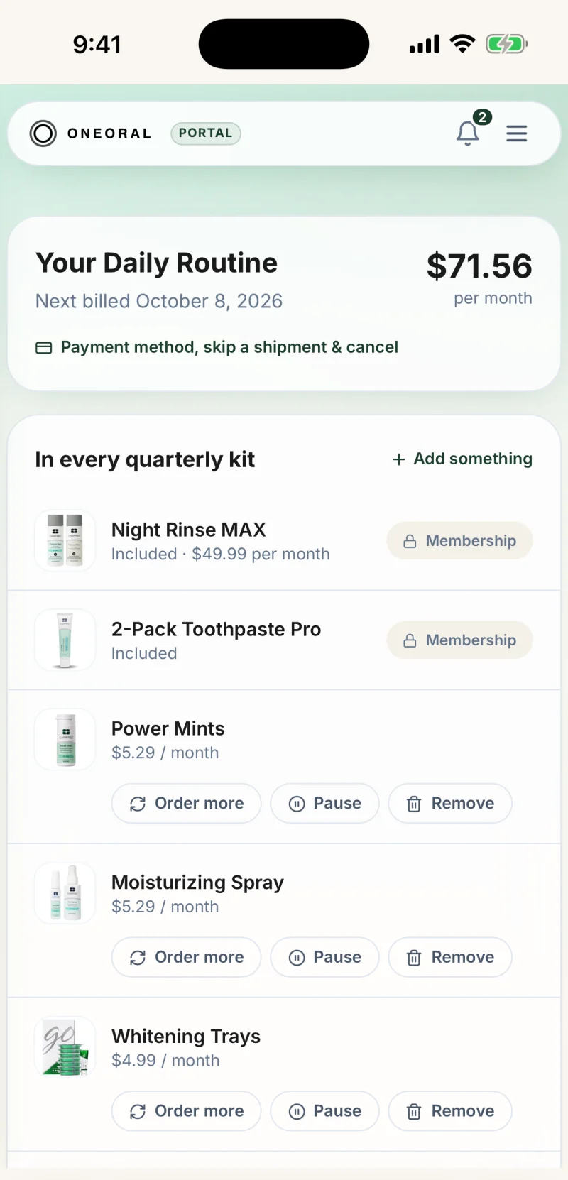 The OneOral app listing the products in a member's quarterly kit alongside their monthly total.